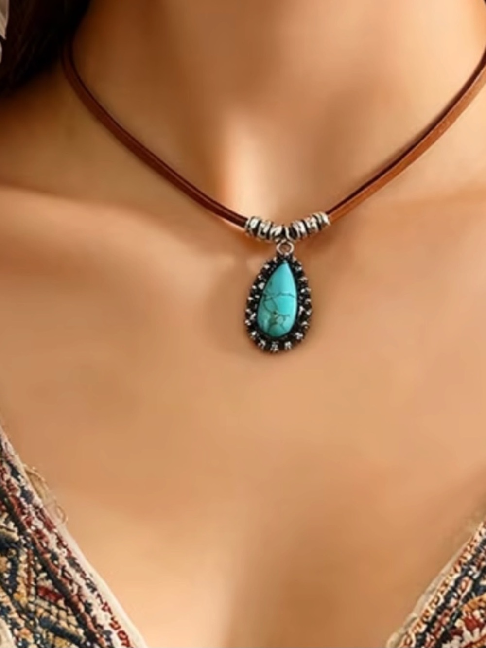Turquoise Teardrop Pendant Necklace - Brown Leather Cord, NEW!